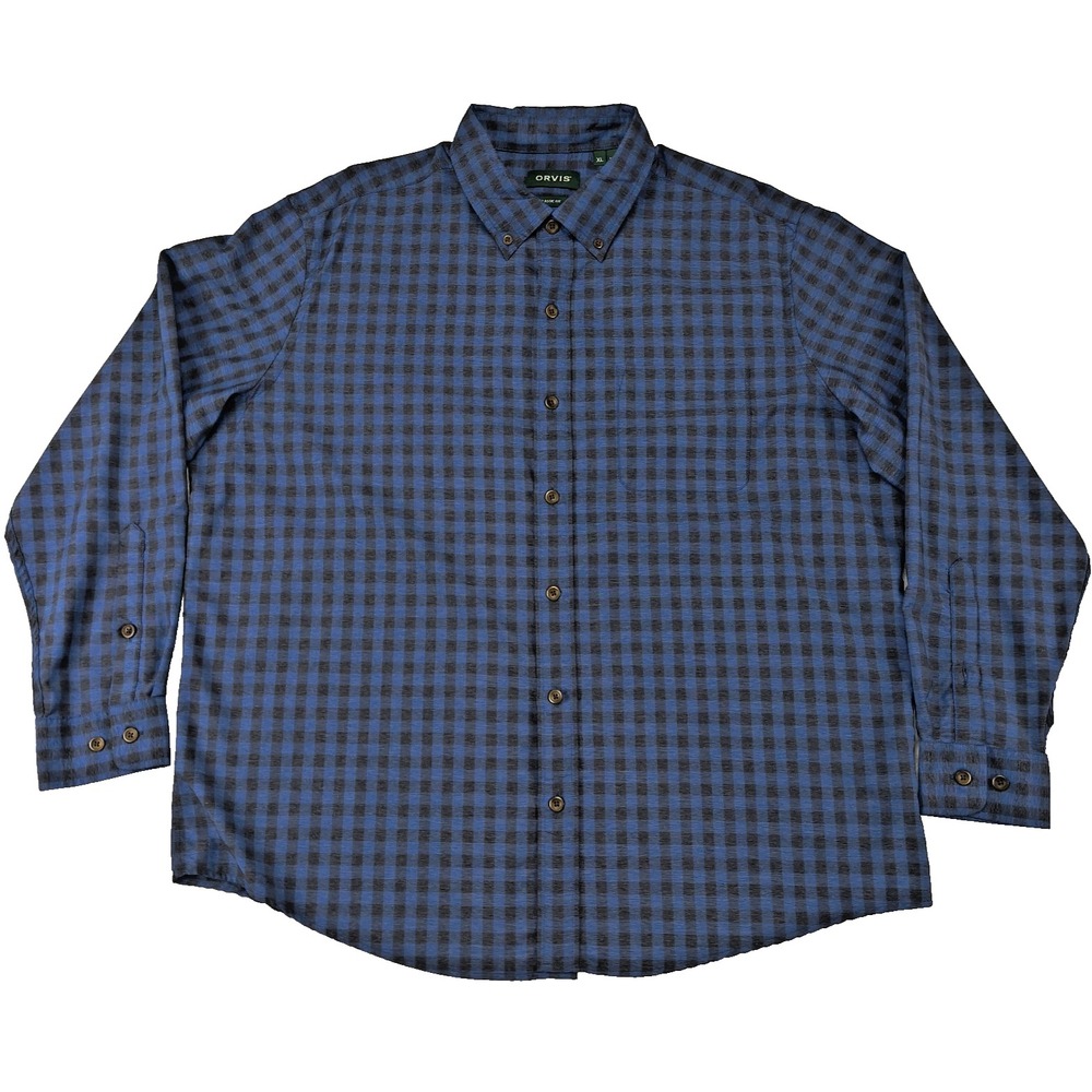 Orvis Mens XL Classic Fit Gingham Button Down Shirt Blue Black Long Sleeve Check